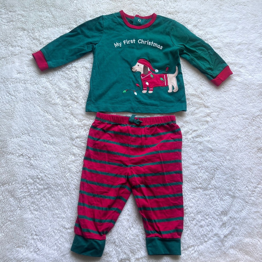 Carters My First Christmas Dachshund‎ Pajama Set Green Red Striped Size 9M